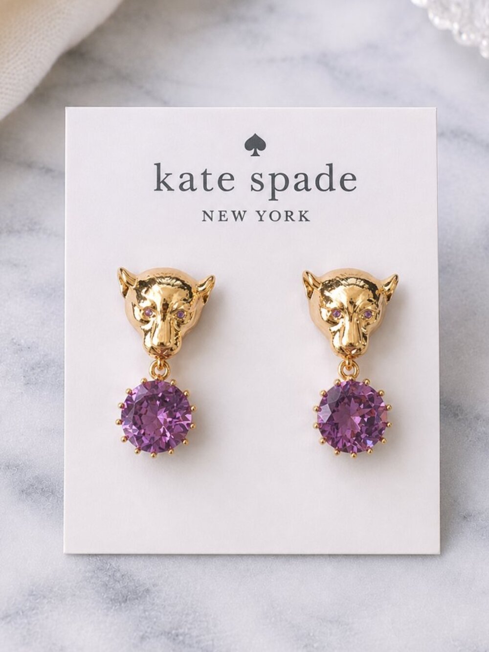 Kate Spade Leopard Panther Drop Earrings Gold Purple Crystal Earring🐆💜